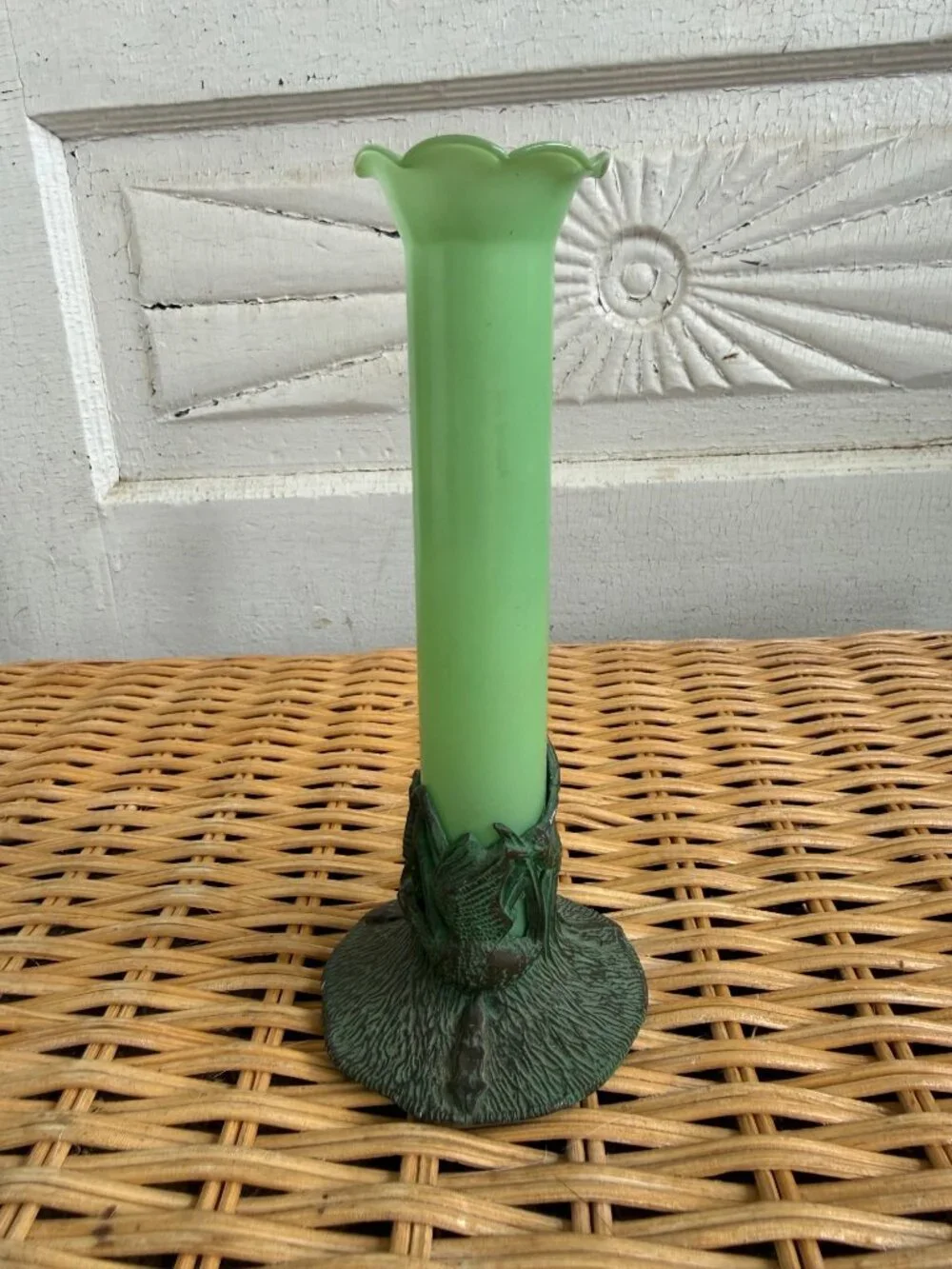 Antique 1910s Nouveau Green Opaline Glass Trumpet Bud Vase Metal Base